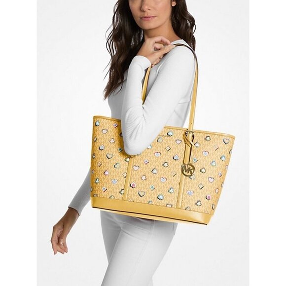 Michael Kors Outlet Jet Set Large Printed Signature Logo HONEY Tote Bag - Picture 3 of 3